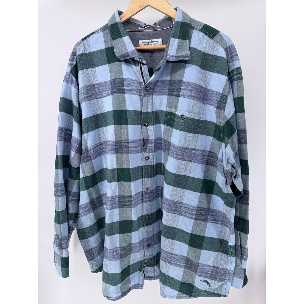 Tommy Bahama Flannel Shirt Mens 2XLB Blue Green Plaid Canyon Beach Long Sleeve